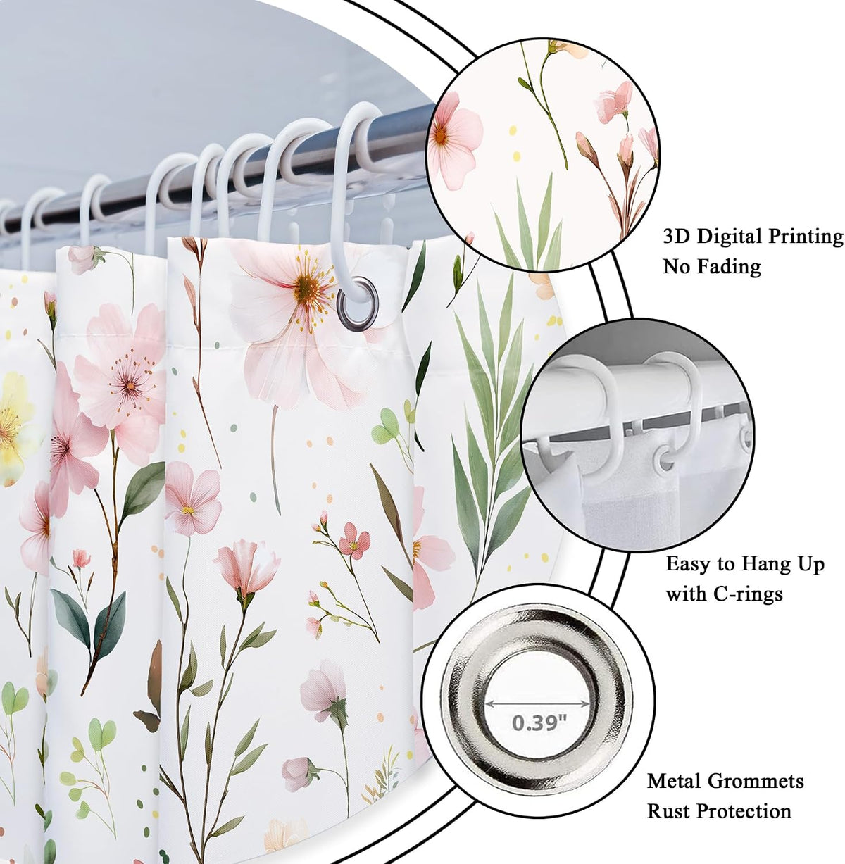 Pink Floral Flower Leaves Spring Botanical Bathroom Shower Curtain Set