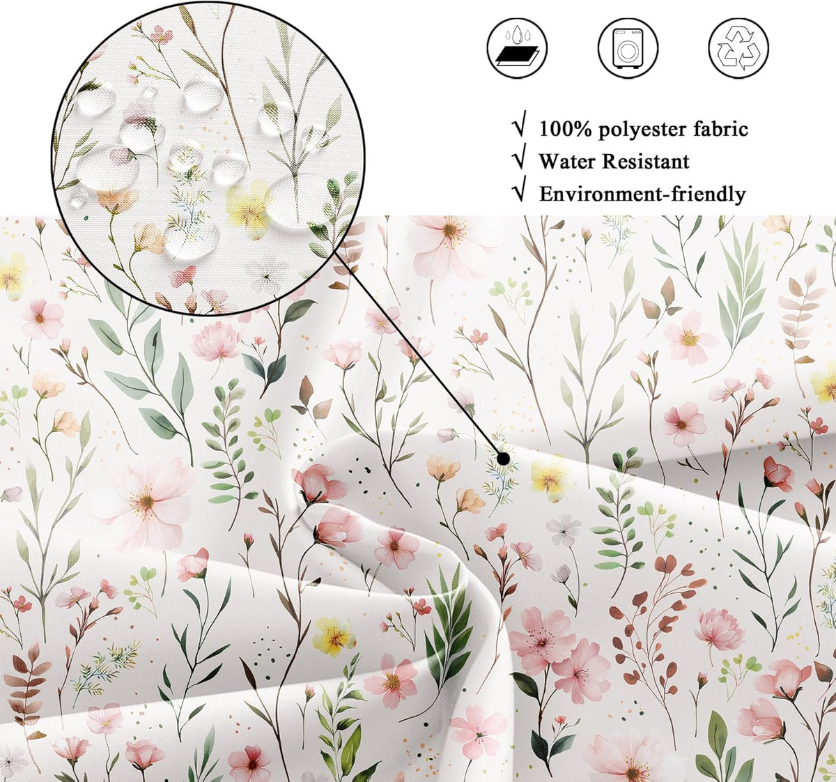 Pink Floral Flower Leaves Spring Botanical Bathroom Shower Curtain Set