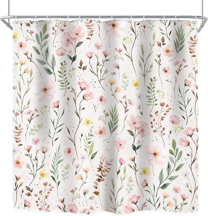 Pink Floral Flower Leaves Spring Botanical Bathroom Shower Curtain Set