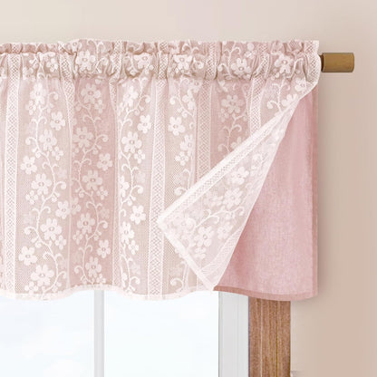Linen Valances for Windows Farmhouse, Double Layers Kitchen Curtains with Linen and Lace, Rustic Valance Curtains for Small Window, Kitchen, Bathroom, Cafe, 52 x 18 Inch Rod Pocket, Pink