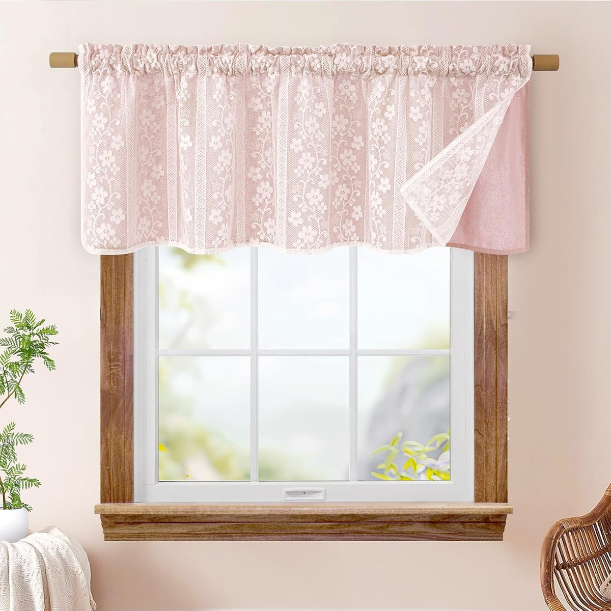Linen Valances for Windows Farmhouse, Double Layers Kitchen Curtains with Linen and Lace, Rustic Valance Curtains for Small Window, Kitchen, Bathroom, Cafe, 52 x 18 Inch Rod Pocket, Pink