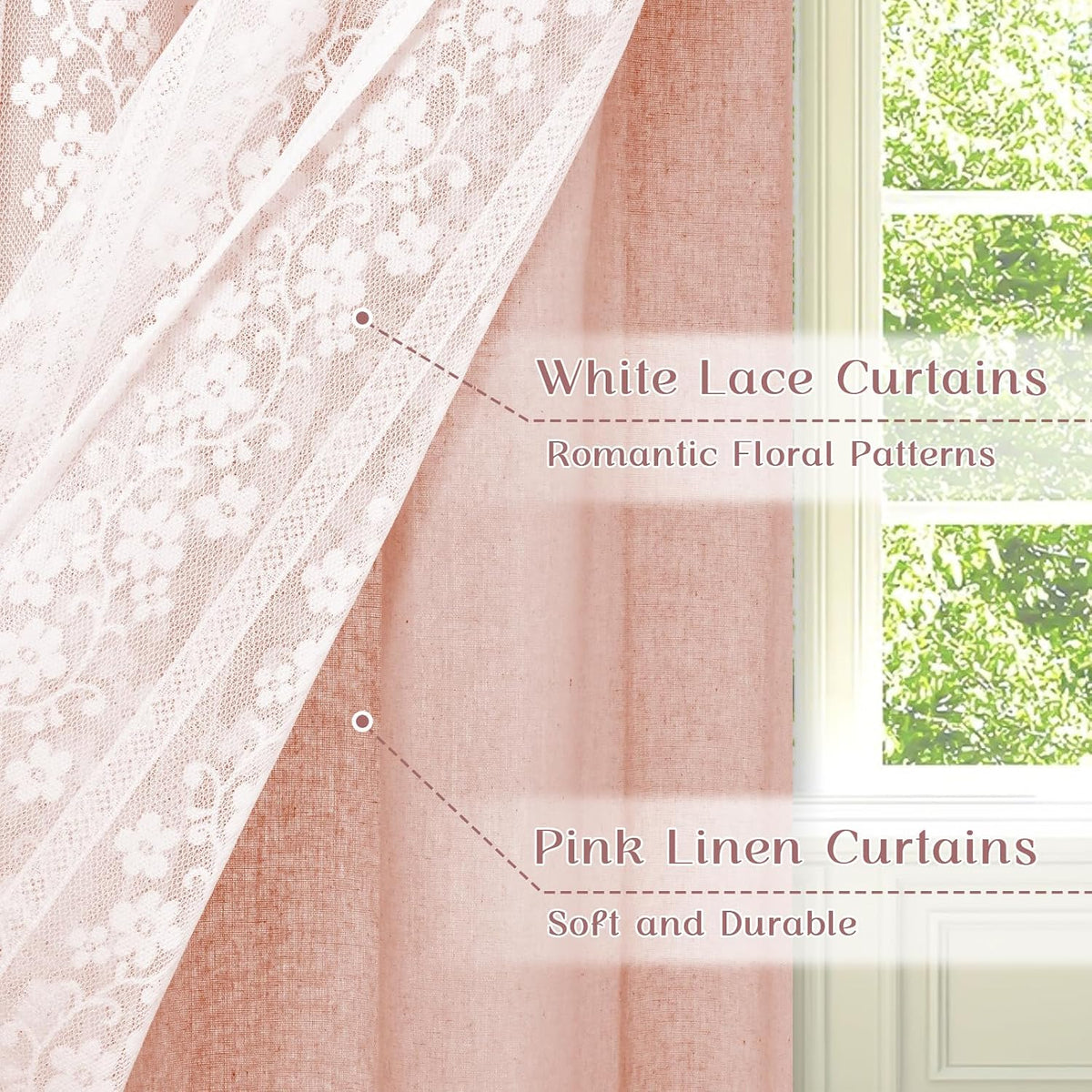 Linen Valances for Windows Farmhouse, Double Layers Kitchen Curtains with Linen and Lace, Rustic Valance Curtains for Small Window, Kitchen, Bathroom, Cafe, 52 x 18 Inch Rod Pocket, Pink