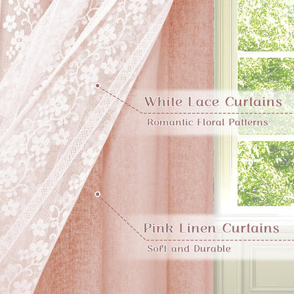 Linen Valances for Windows Farmhouse, Double Layers Kitchen Curtains with Linen and Lace, Rustic Valance Curtains for Small Window, Kitchen, Bathroom, Cafe, 52 x 18 Inch Rod Pocket, Pink