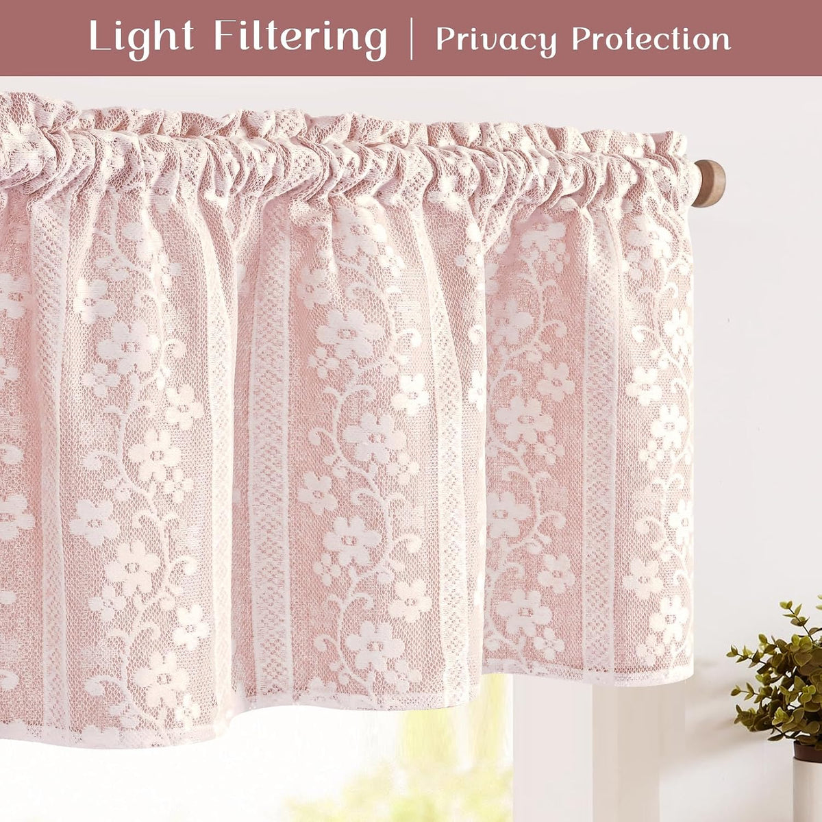 Linen Valances for Windows Farmhouse, Double Layers Kitchen Curtains with Linen and Lace, Rustic Valance Curtains for Small Window, Kitchen, Bathroom, Cafe, 52 x 18 Inch Rod Pocket, Pink