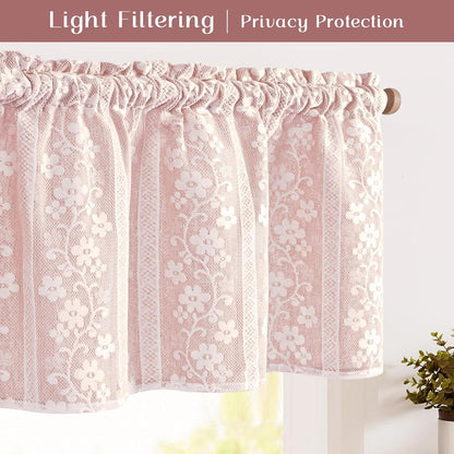 Linen Valances for Windows Farmhouse, Double Layers Kitchen Curtains with Linen and Lace, Rustic Valance Curtains for Small Window, Kitchen, Bathroom, Cafe, 52 x 18 Inch Rod Pocket, Pink
