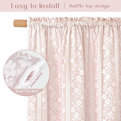 Linen Valances for Windows Farmhouse, Double Layers Kitchen Curtains with Linen and Lace, Rustic Valance Curtains for Small Window, Kitchen, Bathroom, Cafe, 52 x 18 Inch Rod Pocket, Pink