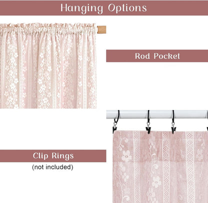 Linen Valances for Windows Farmhouse, Double Layers Kitchen Curtains with Linen and Lace, Rustic Valance Curtains for Small Window, Kitchen, Bathroom, Cafe, 52 x 18 Inch Rod Pocket, Pink