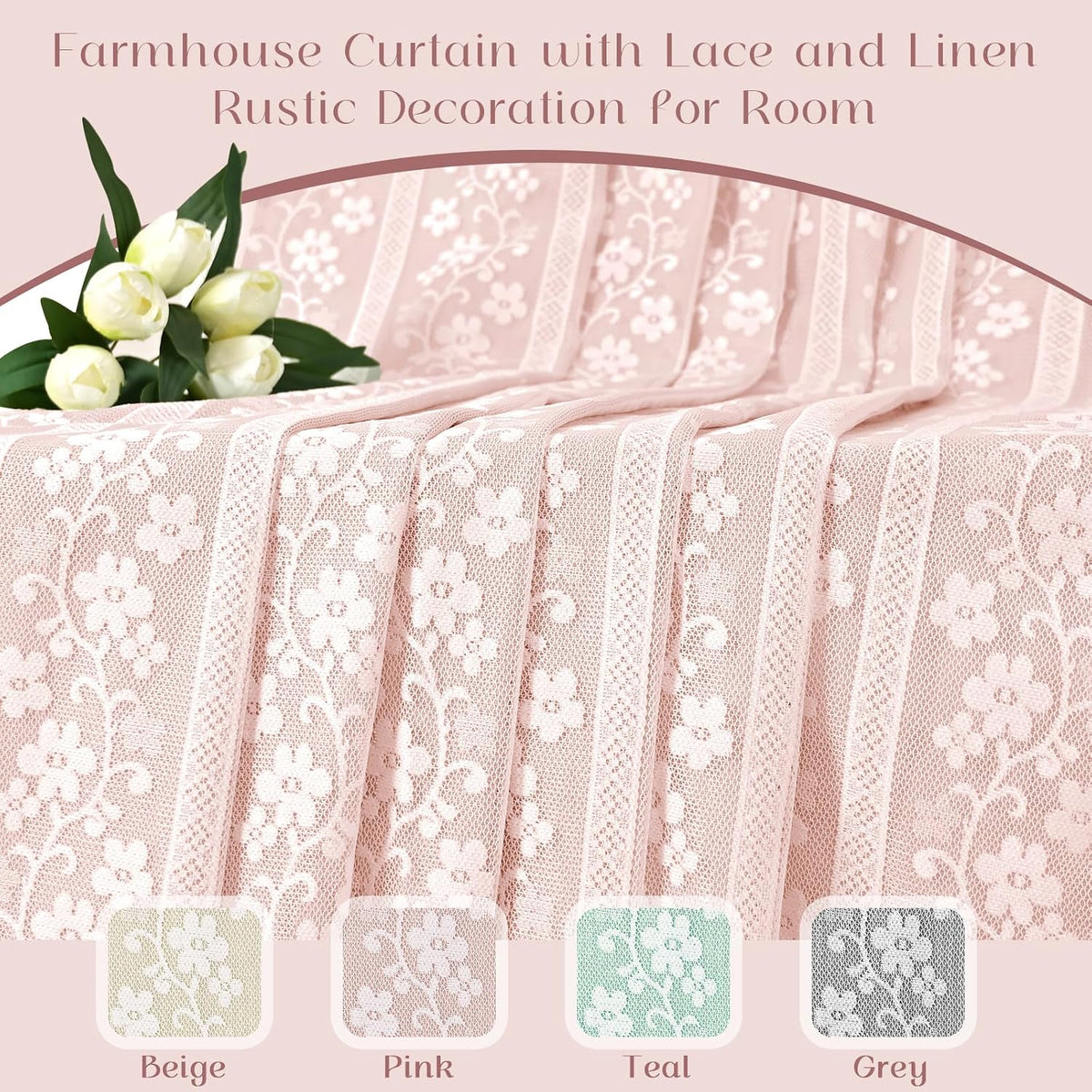 Linen Valances for Windows Farmhouse, Double Layers Kitchen Curtains with Linen and Lace, Rustic Valance Curtains for Small Window, Kitchen, Bathroom, Cafe, 52 x 18 Inch Rod Pocket, Pink