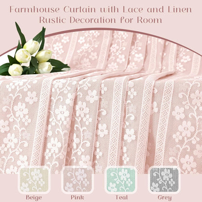 Linen Valances for Windows Farmhouse, Double Layers Kitchen Curtains with Linen and Lace, Rustic Valance Curtains for Small Window, Kitchen, Bathroom, Cafe, 52 x 18 Inch Rod Pocket, Pink