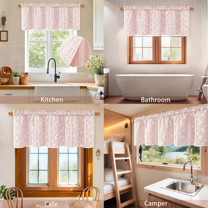Linen Valances for Windows Farmhouse, Double Layers Kitchen Curtains with Linen and Lace, Rustic Valance Curtains for Small Window, Kitchen, Bathroom, Cafe, 52 x 18 Inch Rod Pocket, Pink