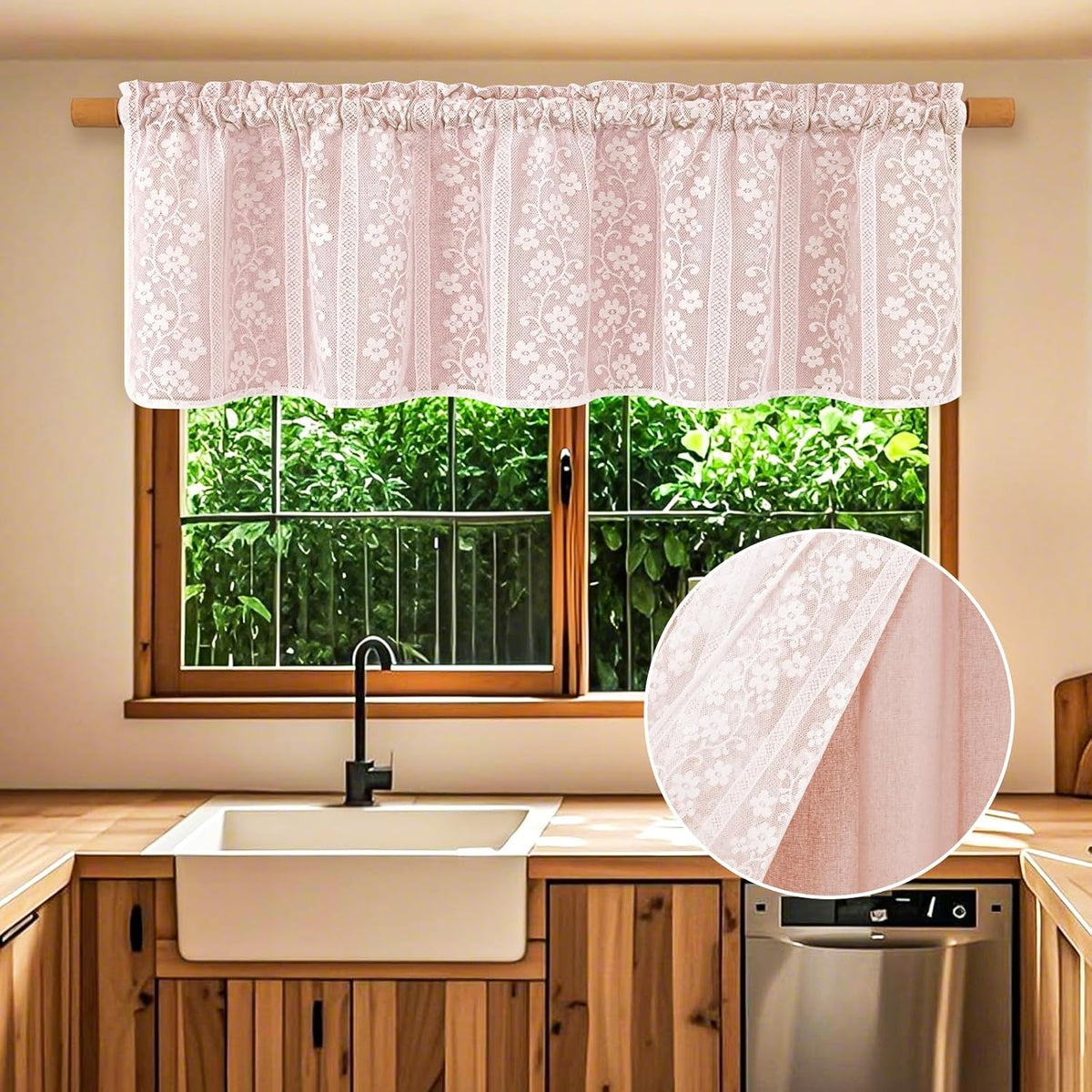 Linen Valances for Windows Farmhouse, Double Layers Kitchen Curtains with Linen and Lace, Rustic Valance Curtains for Small Window, Kitchen, Bathroom, Cafe, 52 x 18 Inch Rod Pocket, Pink