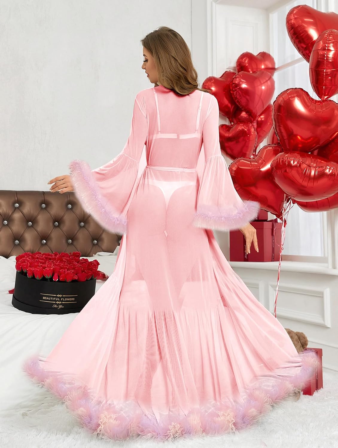 Women's Ruffle Trim Sheer Mesh Wedding Bride Robe Long Nightgown