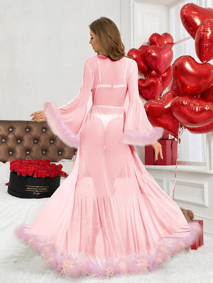 Women's Ruffle Trim Sheer Mesh Wedding Bride Robe Long Nightgown