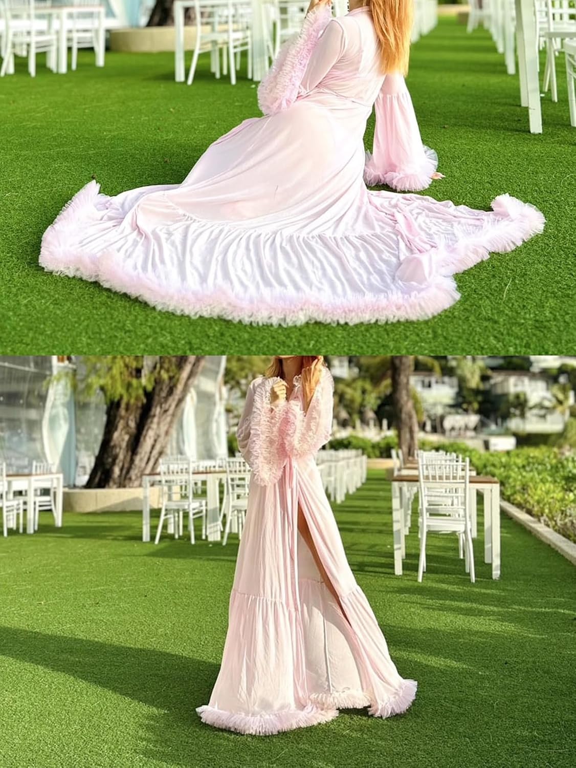 Women's Ruffle Trim Sheer Mesh Wedding Bride Robe Long Nightgown
