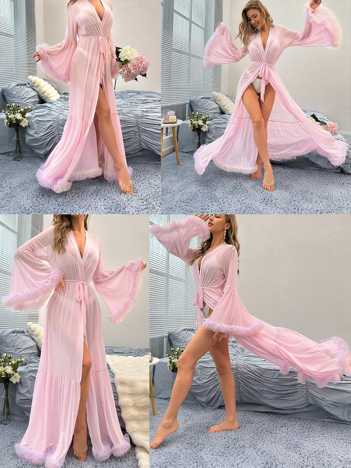 Women's Ruffle Trim Sheer Mesh Wedding Bride Robe Long Nightgown