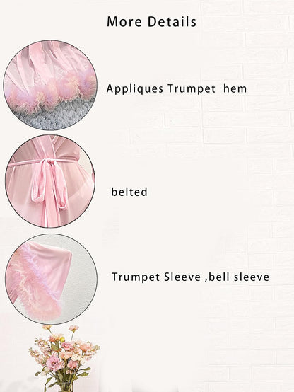 Women's Ruffle Trim Sheer Mesh Wedding Bride Robe Long Nightgown