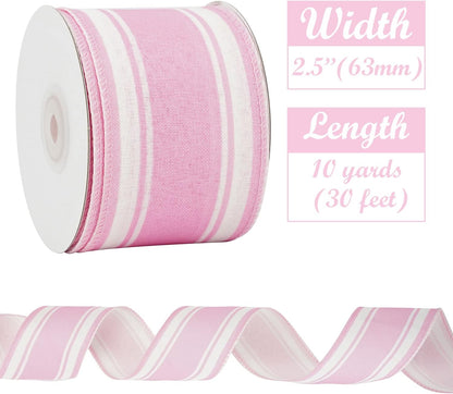 Pink Stripe Burlap Wired Ribbons 2-1/2 inch Continuous 10 Yards