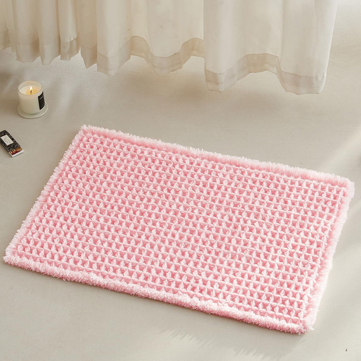 Waffle Bath Mat, Small Cute Bathroom Rug, 24x16 Light Peachy Pink