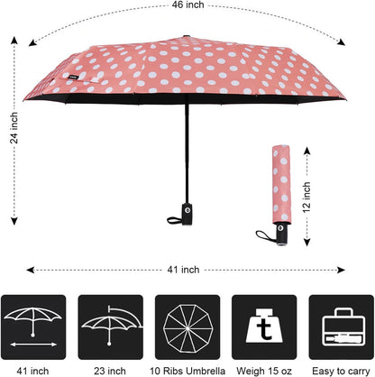 Cute Polka Dots Parasol Large Travel Umbrella for Rain & Sun, 46” UV Protection Auto Open Close Waterproof Folding Umbrella Windproof Compact Umbrella