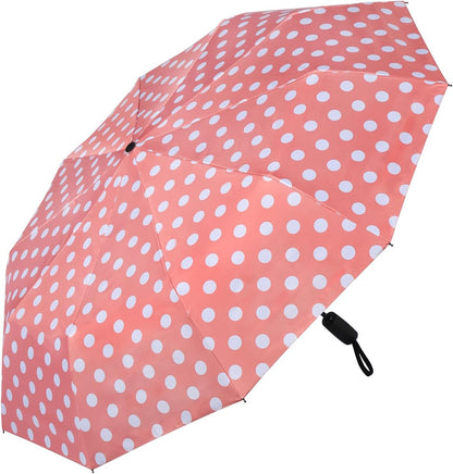 Cute Polka Dots Parasol Large Travel Umbrella for Rain & Sun, 46” UV Protection Auto Open Close Waterproof Folding Umbrella Windproof Compact Umbrella