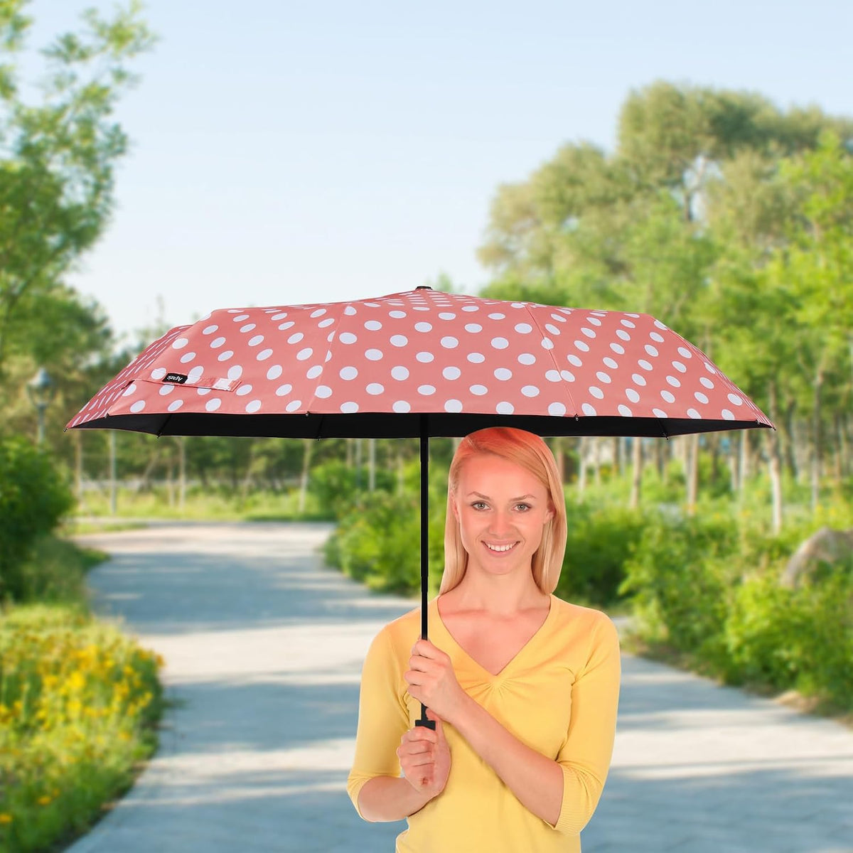 Cute Polka Dots Parasol Large Travel Umbrella for Rain & Sun, 46” UV Protection Auto Open Close Waterproof Folding Umbrella Windproof Compact Umbrella