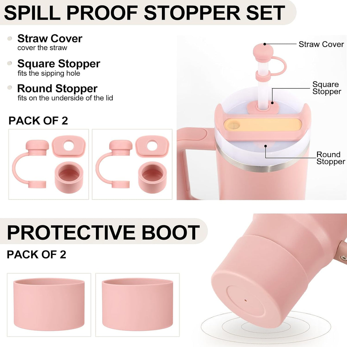 8pcs Stanley Cup Accessories, Spill Proof Stopper & Boot, Peach Rose