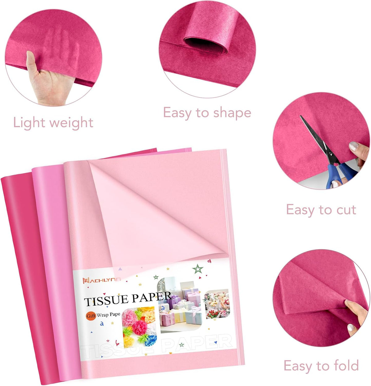 NACHLYNN 60 Sheets Pink Tissue Paper Bulks 14 x 20 inch Valentine Day Gift Wrapping Paper Art Paper Crafts for Crafts Gift Wedding Holiday Party Baby Shower Decorations