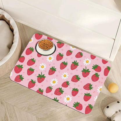 Cute Strawberry Flower Dog Cat Food Mat,Pink Absorbent Pet Feeding Mat with Rubber Backing,Non-Slip Water Bowl Placemat,Indoor Pet Accessories Supplies 12"x20"