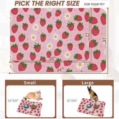 Cute Strawberry Flower Dog Cat Food Mat,Pink Absorbent Pet Feeding Mat with Rubber Backing,Non-Slip Water Bowl Placemat,Indoor Pet Accessories Supplies 12"x20"
