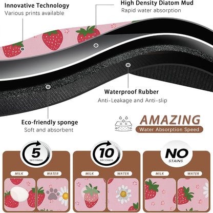 Cute Strawberry Flower Dog Cat Food Mat,Pink Absorbent Pet Feeding Mat with Rubber Backing,Non-Slip Water Bowl Placemat,Indoor Pet Accessories Supplies 12"x20"