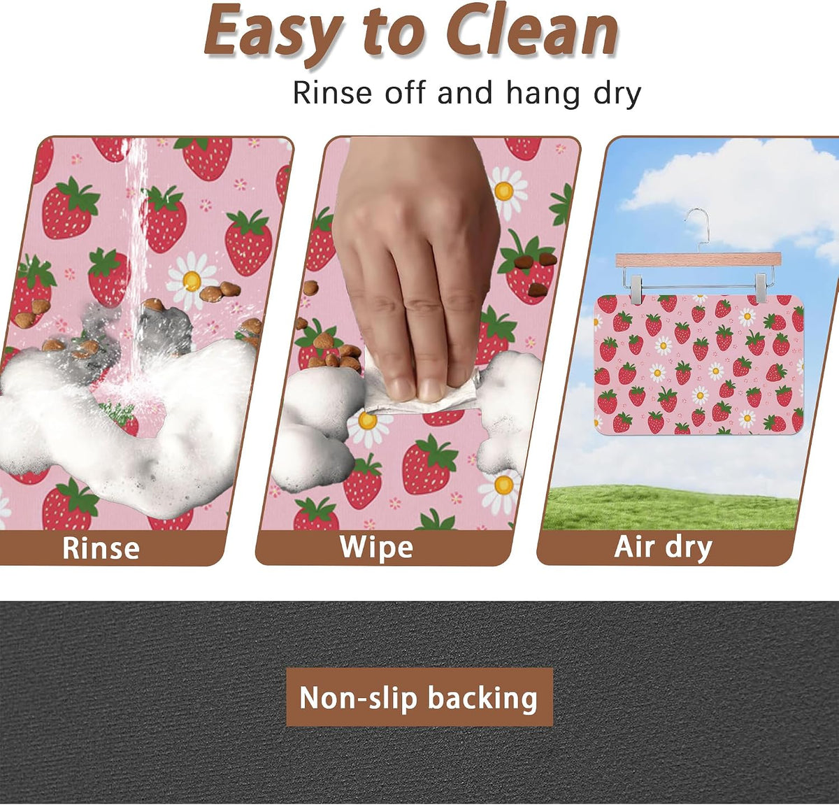 Cute Strawberry Flower Dog Cat Food Mat,Pink Absorbent Pet Feeding Mat with Rubber Backing,Non-Slip Water Bowl Placemat,Indoor Pet Accessories Supplies 12"x20"