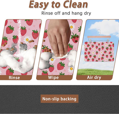 Cute Strawberry Flower Dog Cat Food Mat,Pink Absorbent Pet Feeding Mat with Rubber Backing,Non-Slip Water Bowl Placemat,Indoor Pet Accessories Supplies 12"x20"