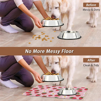 Cute Strawberry Flower Dog Cat Food Mat,Pink Absorbent Pet Feeding Mat with Rubber Backing,Non-Slip Water Bowl Placemat,Indoor Pet Accessories Supplies 12"x20"