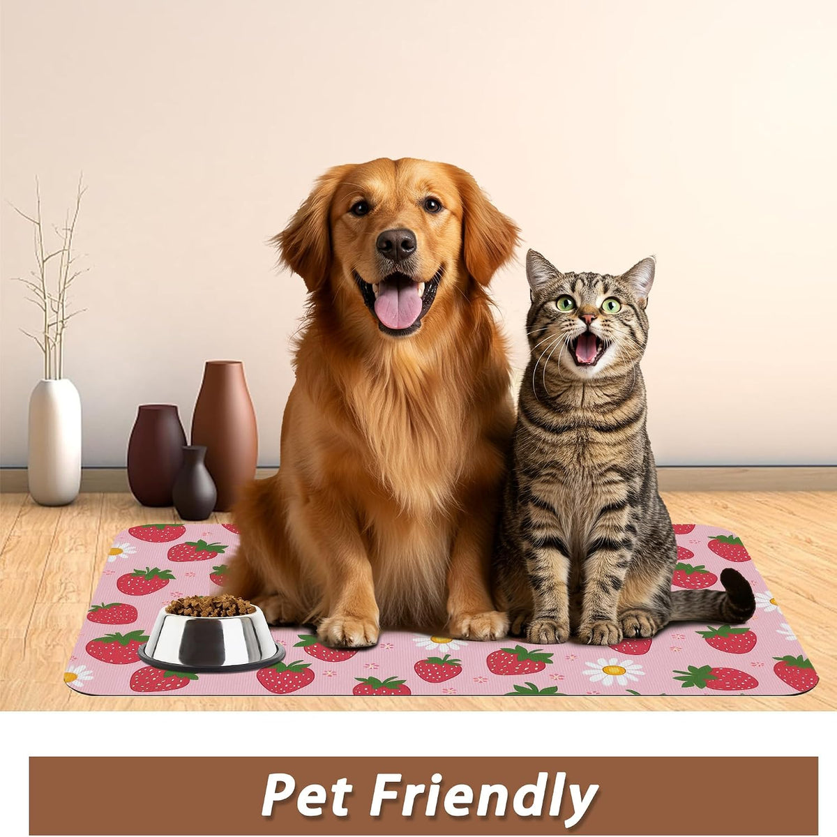 Cute Strawberry Flower Dog Cat Food Mat,Pink Absorbent Pet Feeding Mat with Rubber Backing,Non-Slip Water Bowl Placemat,Indoor Pet Accessories Supplies 12"x20"