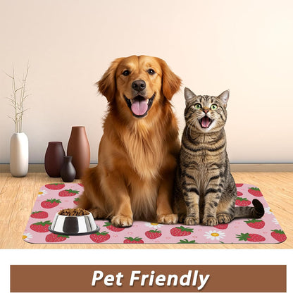 Cute Strawberry Flower Dog Cat Food Mat,Pink Absorbent Pet Feeding Mat with Rubber Backing,Non-Slip Water Bowl Placemat,Indoor Pet Accessories Supplies 12"x20"