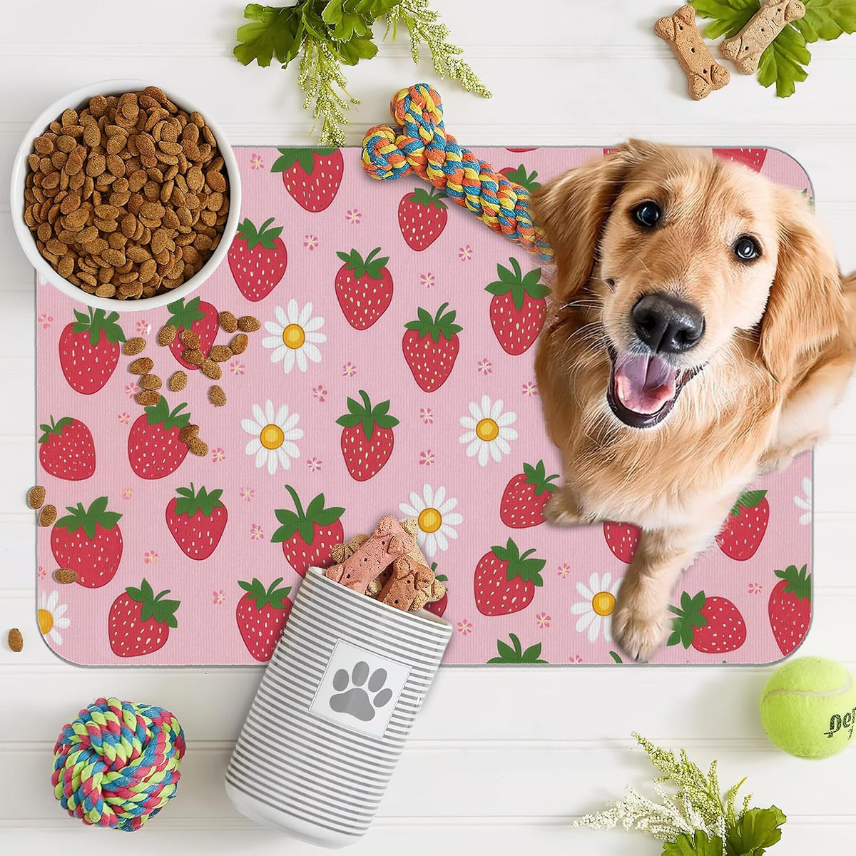 Cute Strawberry Flower Dog Cat Food Mat,Pink Absorbent Pet Feeding Mat with Rubber Backing,Non-Slip Water Bowl Placemat,Indoor Pet Accessories Supplies 12"x20"