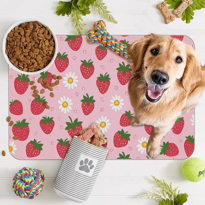 Cute Strawberry Flower Dog Cat Food Mat,Pink Absorbent Pet Feeding Mat with Rubber Backing,Non-Slip Water Bowl Placemat,Indoor Pet Accessories Supplies 12"x20"
