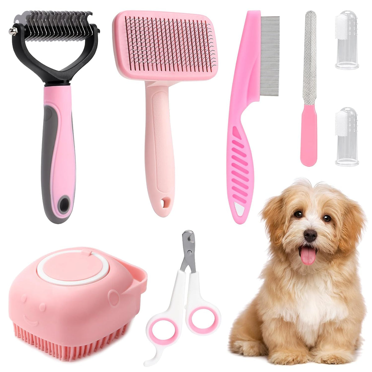 8 Pcs Dog Grooming Kit with Self Cleaning Tools: Nail Clipper, Flea Comb, Shampoo Brush, Shedding Brush, Dematting Comb, Silicone Toothbrush (Pink)