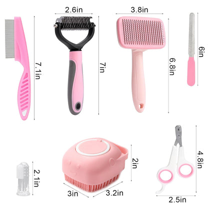 8 Pcs Dog Grooming Kit with Self Cleaning Tools: Nail Clipper, Flea Comb, Shampoo Brush, Shedding Brush, Dematting Comb, Silicone Toothbrush (Pink)