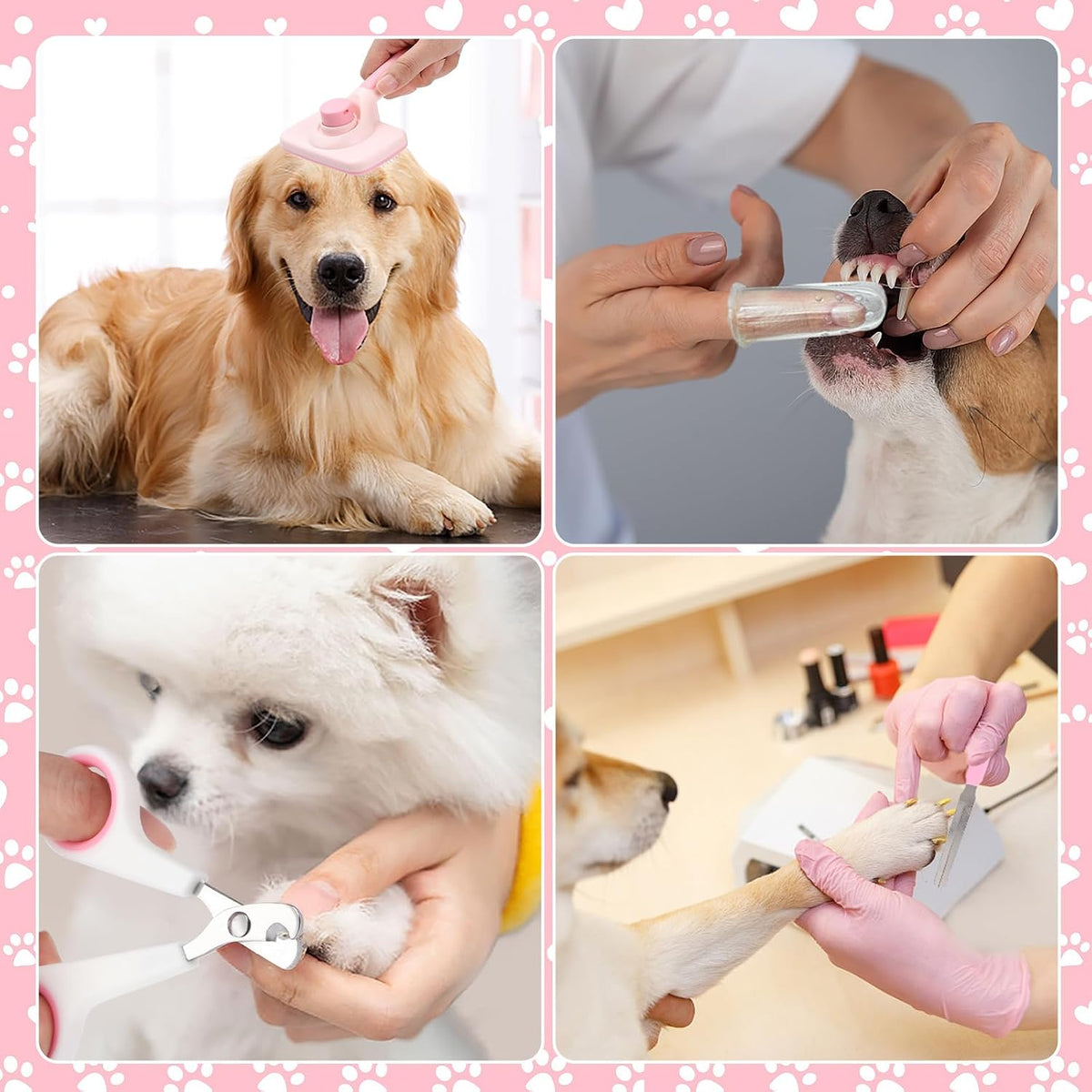8 Pcs Dog Grooming Kit with Self Cleaning Tools: Nail Clipper, Flea Comb, Shampoo Brush, Shedding Brush, Dematting Comb, Silicone Toothbrush (Pink)