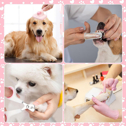 8 Pcs Dog Grooming Kit with Self Cleaning Tools: Nail Clipper, Flea Comb, Shampoo Brush, Shedding Brush, Dematting Comb, Silicone Toothbrush (Pink)