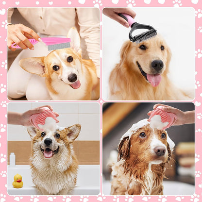 8 Pcs Dog Grooming Kit with Self Cleaning Tools: Nail Clipper, Flea Comb, Shampoo Brush, Shedding Brush, Dematting Comb, Silicone Toothbrush (Pink)
