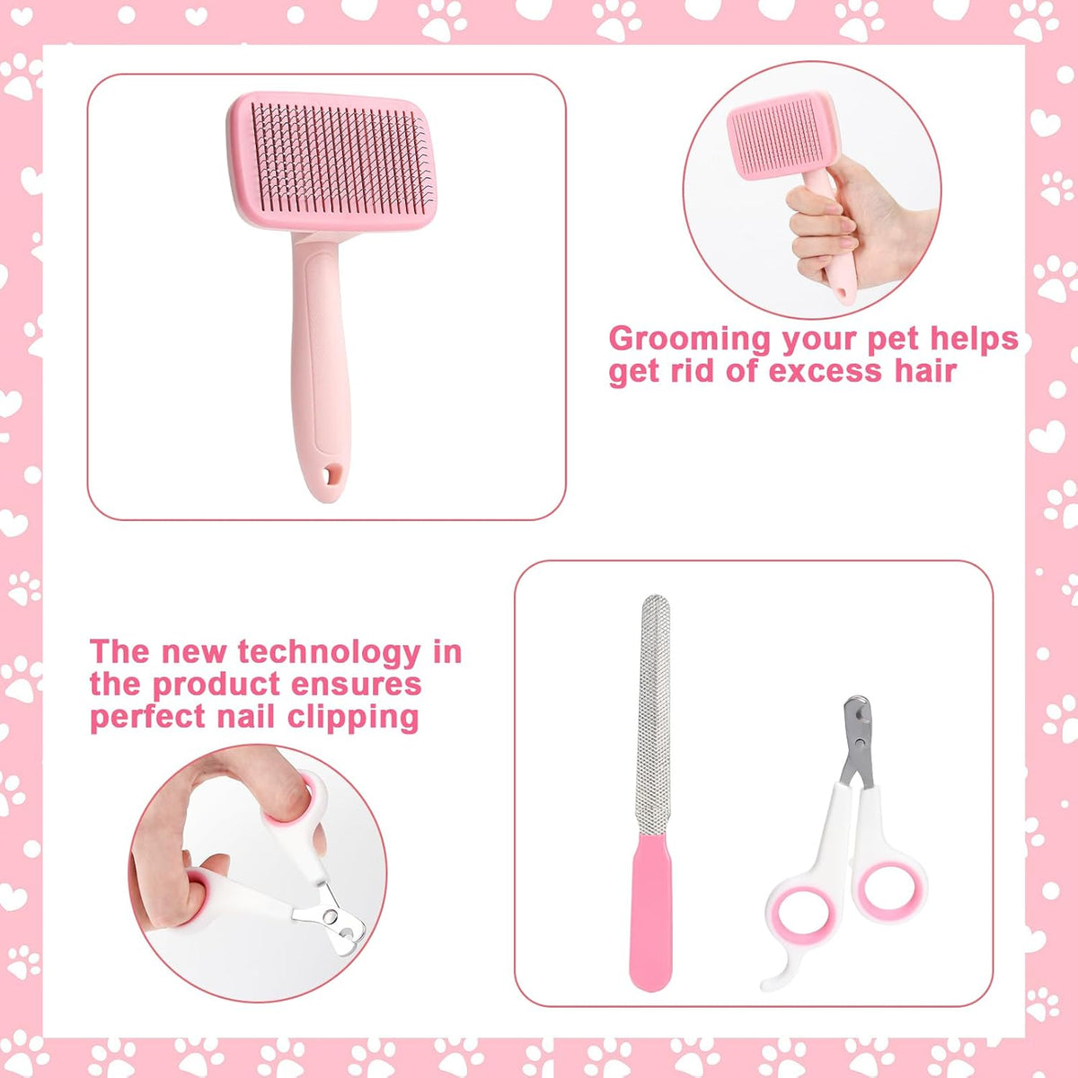8 Pcs Dog Grooming Kit with Self Cleaning Tools: Nail Clipper, Flea Comb, Shampoo Brush, Shedding Brush, Dematting Comb, Silicone Toothbrush (Pink)