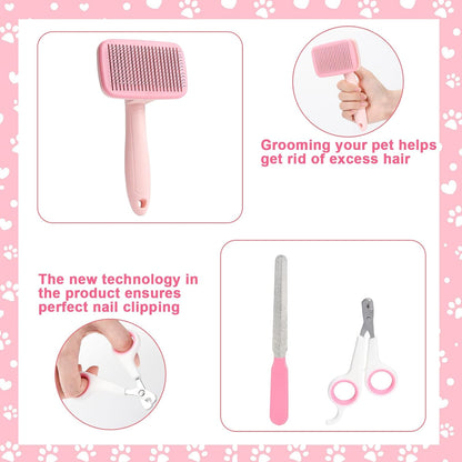 8 Pcs Dog Grooming Kit with Self Cleaning Tools: Nail Clipper, Flea Comb, Shampoo Brush, Shedding Brush, Dematting Comb, Silicone Toothbrush (Pink)