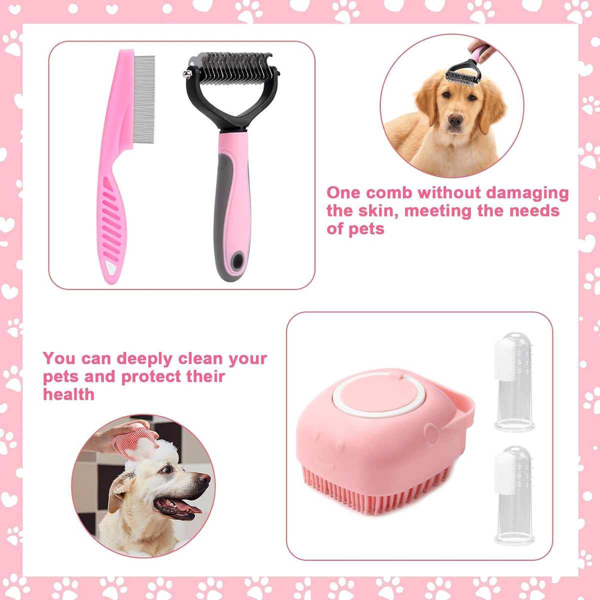 8 Pcs Dog Grooming Kit with Self Cleaning Tools: Nail Clipper, Flea Comb, Shampoo Brush, Shedding Brush, Dematting Comb, Silicone Toothbrush (Pink)