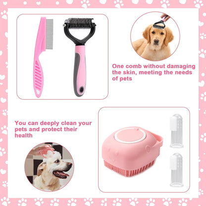 8 Pcs Dog Grooming Kit with Self Cleaning Tools: Nail Clipper, Flea Comb, Shampoo Brush, Shedding Brush, Dematting Comb, Silicone Toothbrush (Pink)