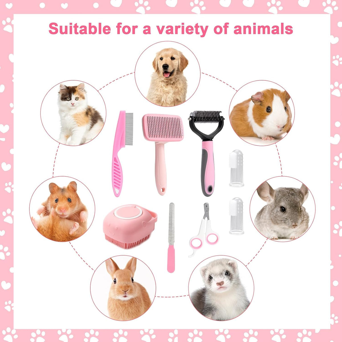 8 Pcs Dog Grooming Kit with Self Cleaning Tools: Nail Clipper, Flea Comb, Shampoo Brush, Shedding Brush, Dematting Comb, Silicone Toothbrush (Pink)