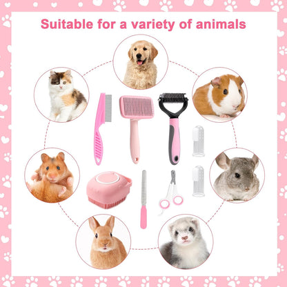 8 Pcs Dog Grooming Kit with Self Cleaning Tools: Nail Clipper, Flea Comb, Shampoo Brush, Shedding Brush, Dematting Comb, Silicone Toothbrush (Pink)