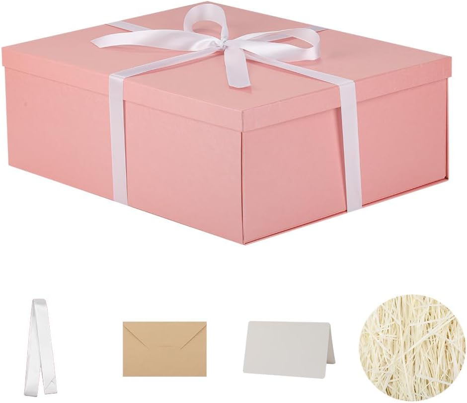 Extra Large Gift Box with Lid 17x13x6 Inches, Pink Gift Boxes for presents Packaging for Birthdays, Valentine's Day, Christmas, Anniversaries (Include Shredded Paper Fill, Envelope Card Ribbon)