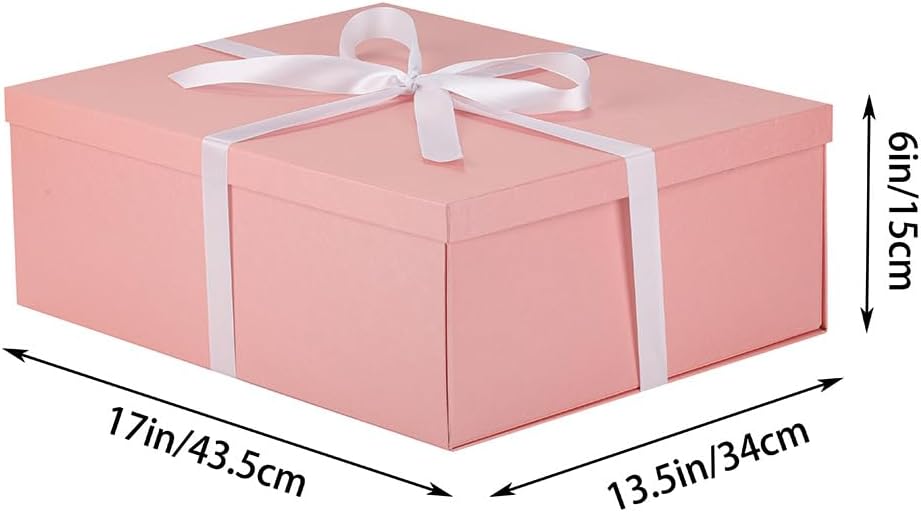 Extra Large Gift Box with Lid 17x13x6 Inches, Pink Gift Boxes for presents Packaging for Birthdays, Valentine's Day, Christmas, Anniversaries (Include Shredded Paper Fill, Envelope Card Ribbon)